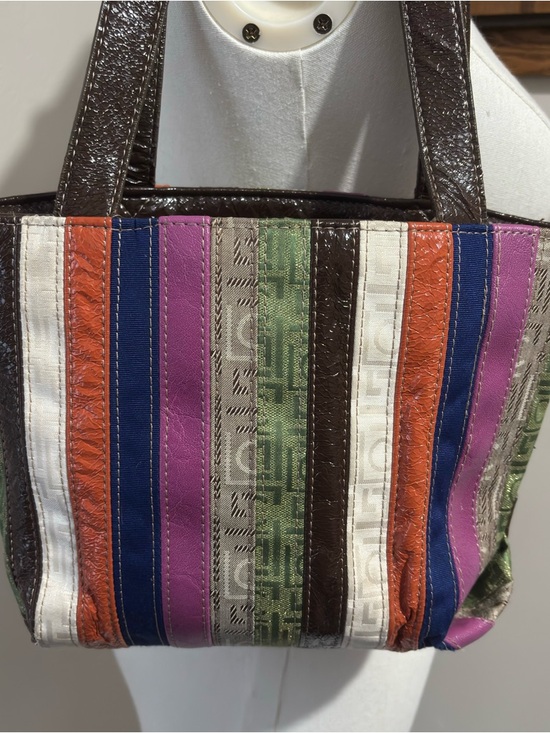 Y2K Vintage Colorful Striped Tote Bag Purse Brown Faux Patent Leather Trim Small - Picture 5 of 10
